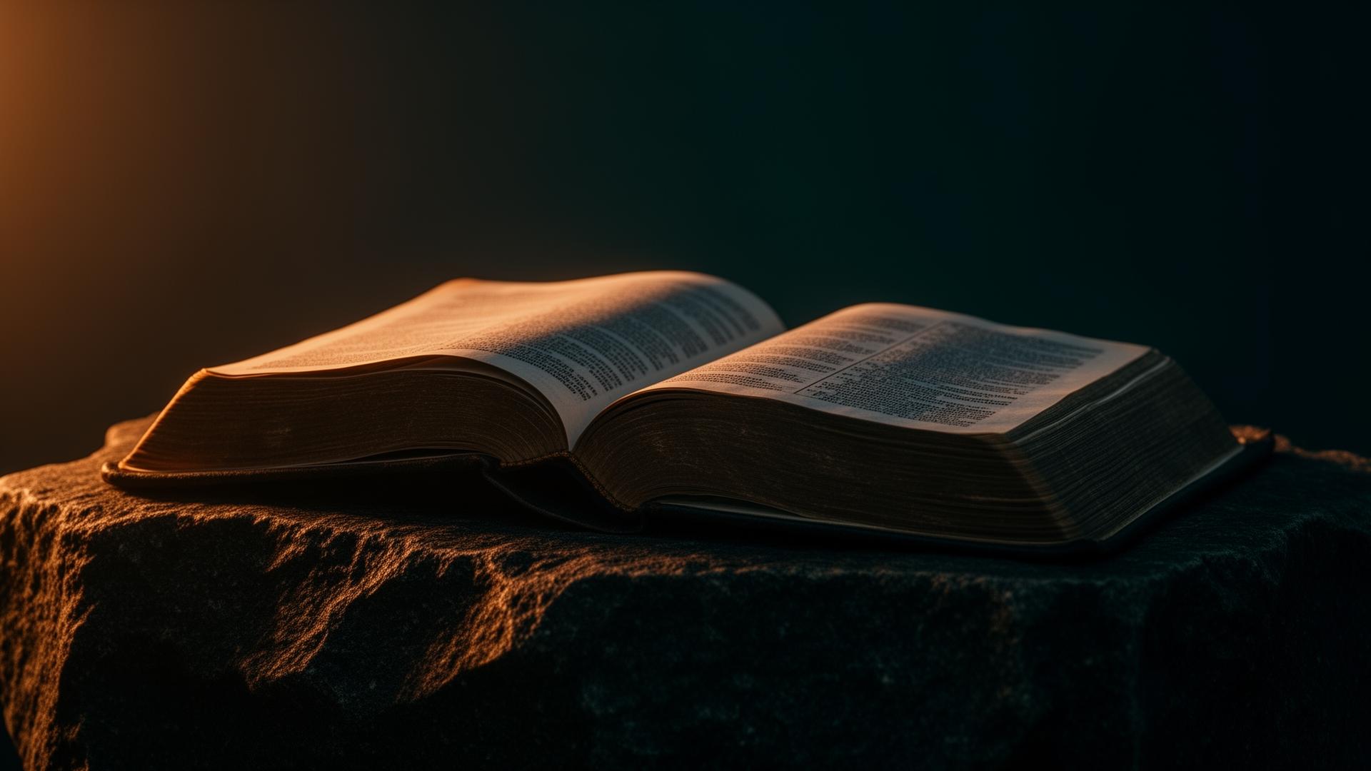 An open Bible on dark stone, lit by warm amber light